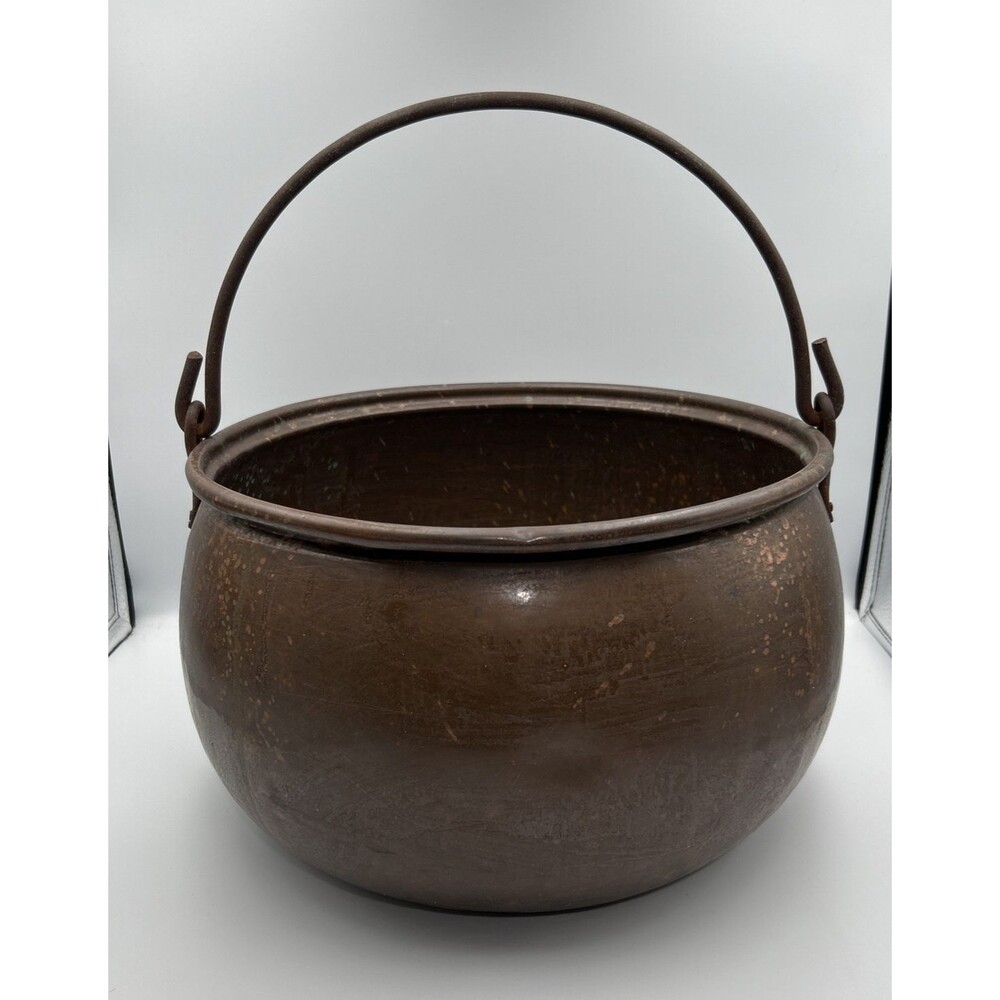 LRG Antique Solid Copper & Iron Cauldron Pot Kettle Hand Forged Bail Handle 15x9